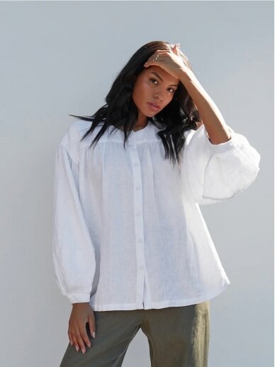 Magic Linen balti lininiai marškiniai LINEN LONG LANTERN SLEEVES TOP ALGHERO IN WHITE