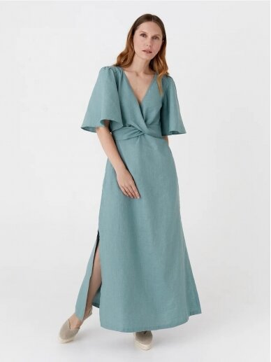 Magic Linen  žydra romantiško stiliaus lininė suknelė MAXI LINEN DRESS AGRA IN TEAL BLUE