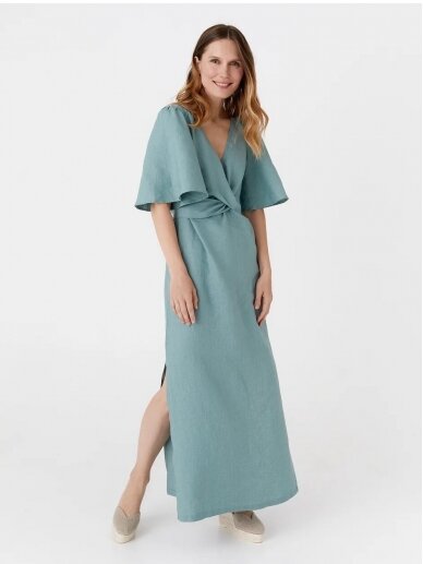 Magic Linen  žydra romantiško stiliaus lininė suknelė MAXI LINEN DRESS AGRA IN TEAL BLUE
