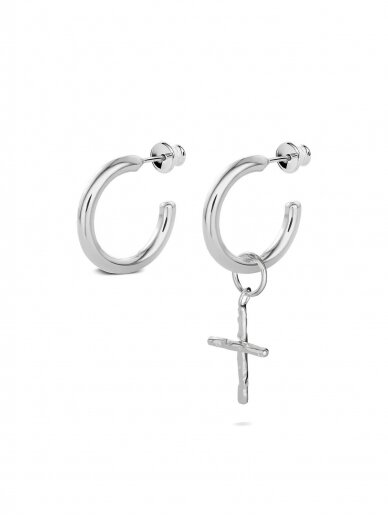 NO MORE auskarai vyramas CROSS STUD HOOPS SILVER